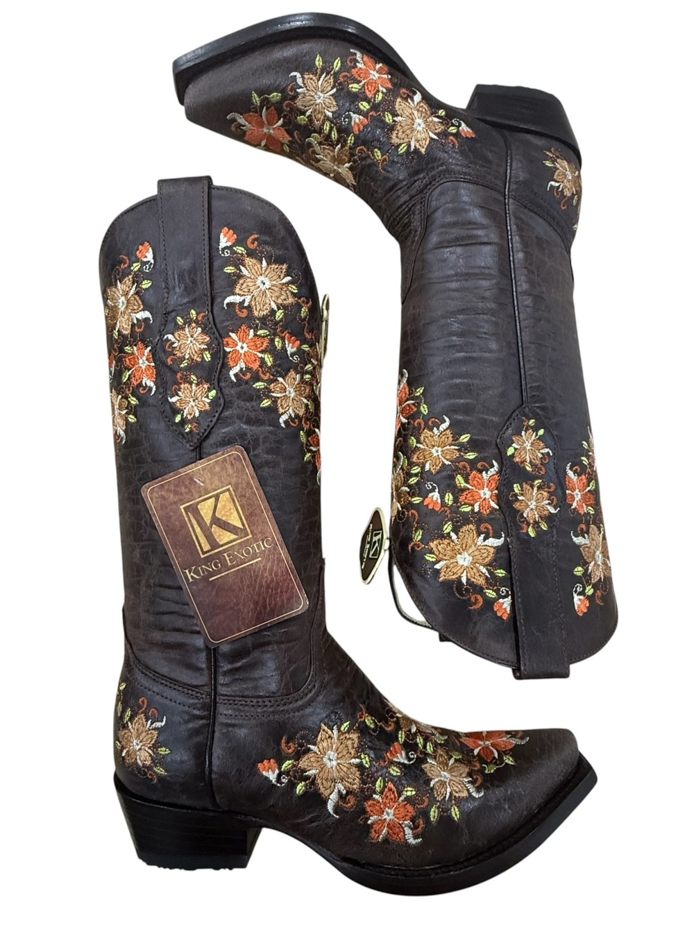 King Exotic Floral Embroidered Western Boots Chocolate Brown Snip Toe - Sz 8
